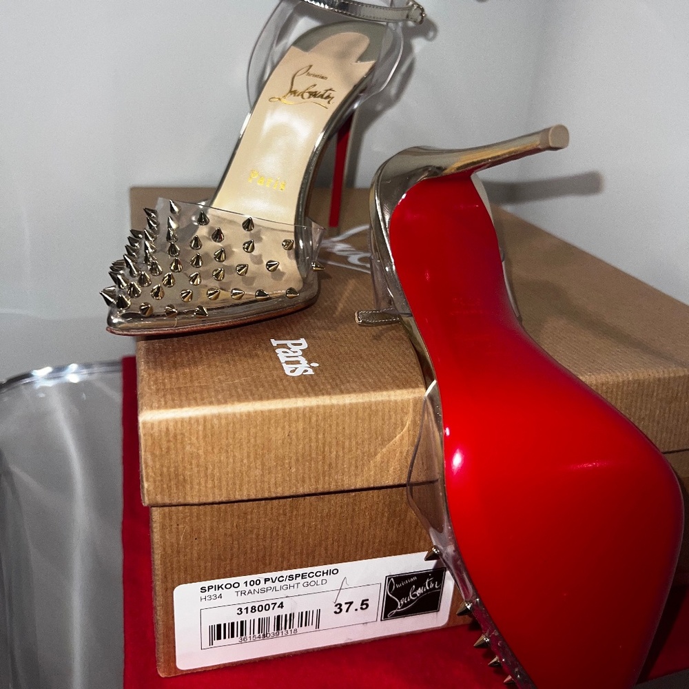 NEW Christian Louboutin SPIKOO 100 PVC/SPECCHIO H334 TRANSPARENT/LIGHT GOLD 37.5